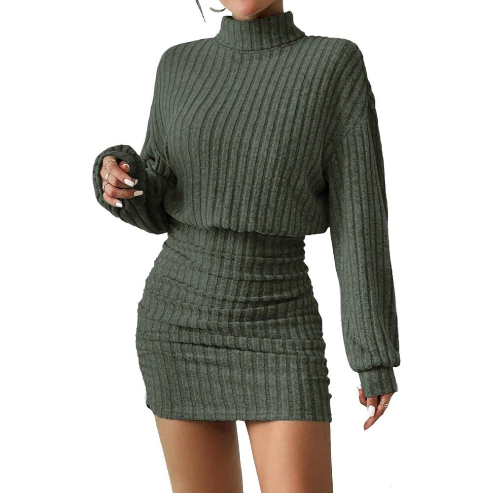 Women Pullover Green Sweater Dress Lantern Sleeve Turtleneck Ribbed Mini Fall